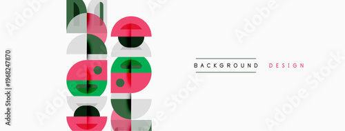 Abstract geometric pattern. Circles, semicircles, rectangles create vibrant vertical design. Minimalist style, modern aesthetic.