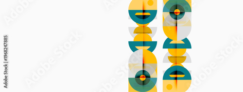 Abstract graphic design features repeating circular patterns. Colors include yellow, teal, red, plus white background. Minimalist aesthetic.