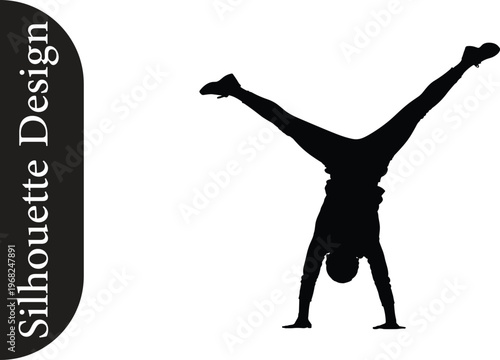Dynamic silhouette illustration of a person performing an energetic handstand or cartwheel pose, showcasing athleticism and balance in a striking black graphic design