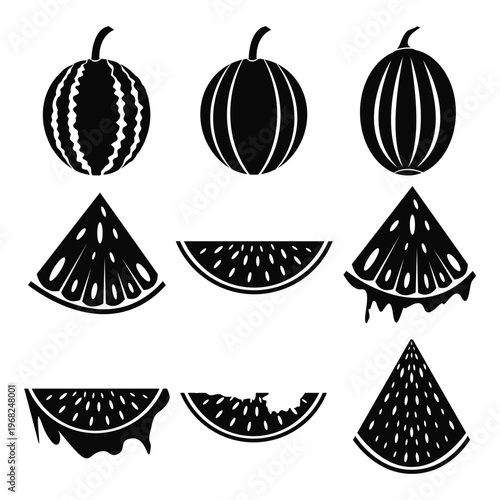 Black and White Watermelon Silhouette Set, Whole and Sliced Illustrations