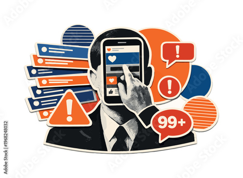 Conceptual modern-retro graphic collage of social media addiction, black and white faceless head with the screen replacing the face, layered with endless