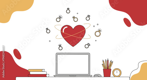 Online Dating Concept: Heart, Rings, and Laptop on Desk