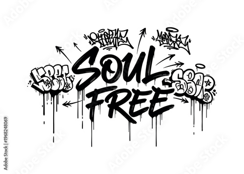 Soul Free. lettering and all elements in black. Vector style. AWhite background. Pure white background. Perfect isolation and visual consistency.