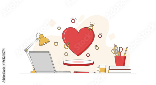 Online dating, romance and love, heart icon with wedding rings, laptop and desk setup