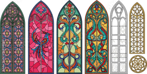 Stained Glass Gothic Window Set Colorful Church Cathedral Windows Decorative Vector Illustration Collection