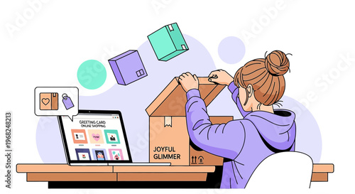 Online Shopping Unboxing: Woman Receiving Package from E-commerce Delivery