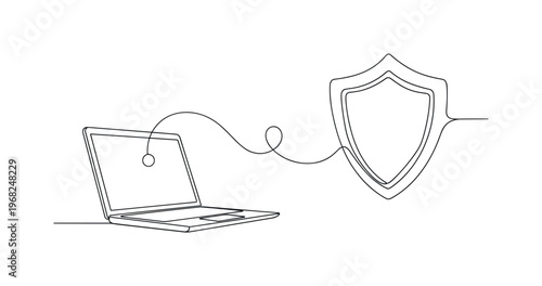 Safe Online Connection. Minimalistic one-line drawing laptop and shield representing encrypted VPN network, continuous single black line on white background,