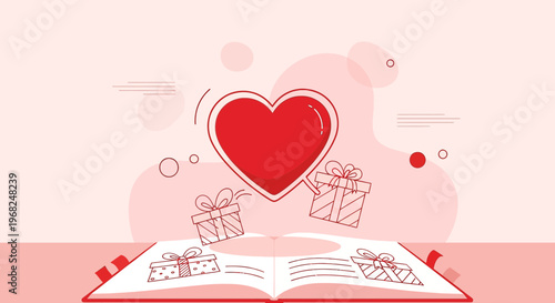 Open Book Reveals Gifts and Heart Symbol, Romantic Story Concept