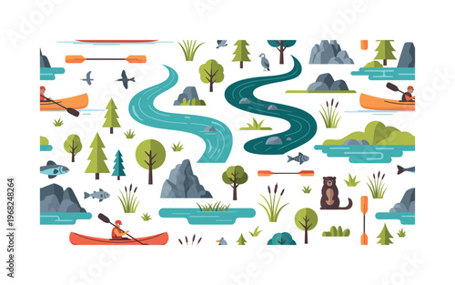 adventure icons seamless pattern, repeating pattern, surface design, textile print, modern illustration of kayaks, canoes, paddles, rivers, lakes, trees,