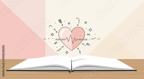 Open book with a hand-drawn heart symbol pierced by an arrow, symbolizing love and passion.