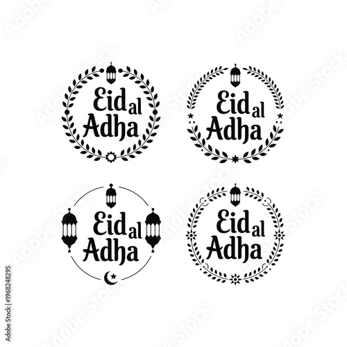 A set of “Eid Al Adha” badge designs with ornamental wreaths.