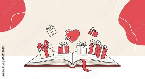 Open Book with Gifts and Heart, Story of Love, Romantic Celebration Concept