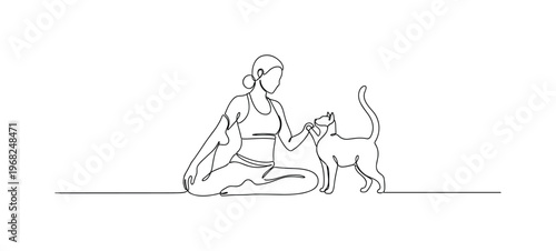 Pet Interaction Yoga. Minimalistic one-line drawing person in yoga pose while cat or dog interacts, continuous single black line on white background, simple