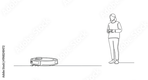 Autonomous Vacuum Operation. Minimalistic one-line drawing robot vacuum moving while individual observes and controls remotely, continuous single black line on