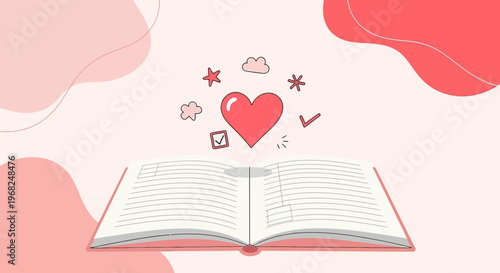 Open book with glowing heart symbol above, symbolizing love, knowledge, and inspiration