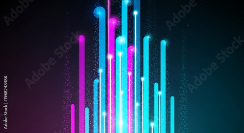 Vibrant neon light bars in blue and pink hues against a dark gradient background abstract digital illustration