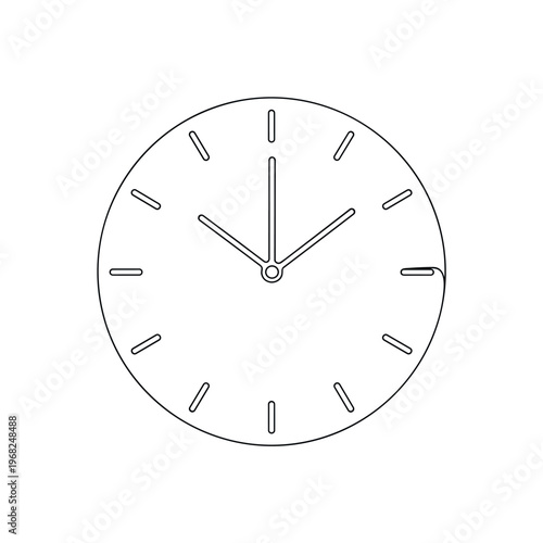 Minimalist Clock. Minimalistic one-line drawing circular clock with simple hands and markers, continuous single black line on white background, simple outline