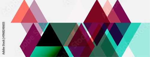 Abstract geometric shapes overlap, creating vibrant color blocks. Triangles dominate composition, offering modern aesthetic.