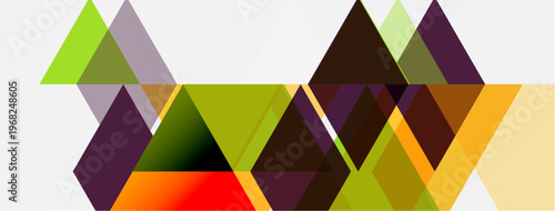 Abstract geometric shapes overlap, creating colorful patterns. Triangles, squares dominate composition, vibrant hues present.