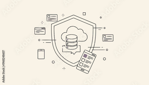 Cloud Data Security Shield Illustration with Database and Devices.