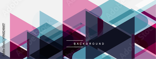 Abstract geometric shapes overlap, creating vibrant layered design. Pink, blue, purple hues dominate composition. Minimal text present.