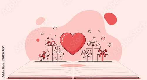Open Book with Heart and Gifts, Love Story Concept, Romantic Illustration