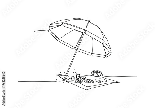Tropical Shade. Minimalistic one-line drawing umbrella shading picnic on sand, continuous single black line on white background, simple outline style, no