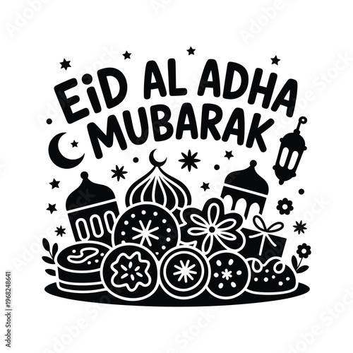 A festive Eid Al Adha Mubarak illustration with food and gifts.