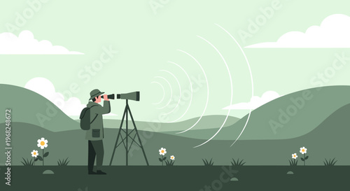 Nature Observer with Telescope in Rolling Hills Landscape