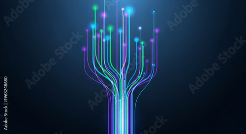 Neon circuit tree with glowing connections on dark background symbolizing technology and innovation