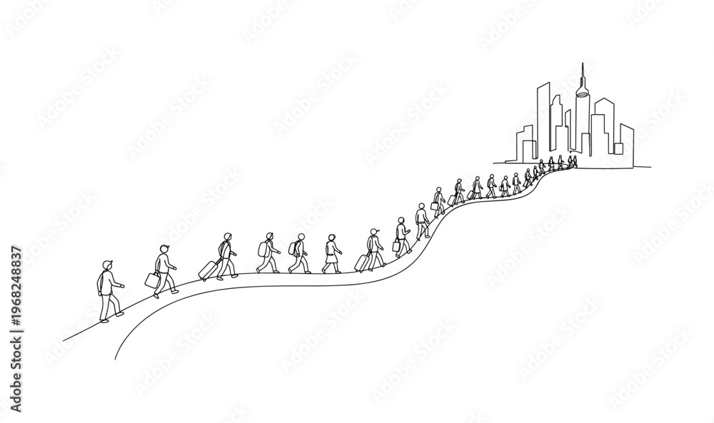Fototapeta premium Population Flow. Minimalistic one-line drawing people traveling along path toward city towers, continuous single black line on white background, simple outline