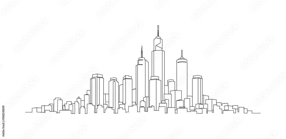 Obraz premium Skyline Perspective. Minimalistic one-line drawing city skyline with perspective depth of buildings, continuous single black line on white background, simple