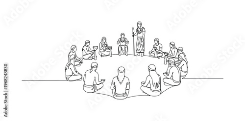 Tribal Gathering. Minimalistic one-line drawing group of people in circle performing ceremonial acts, continuous single black line on white background, simple