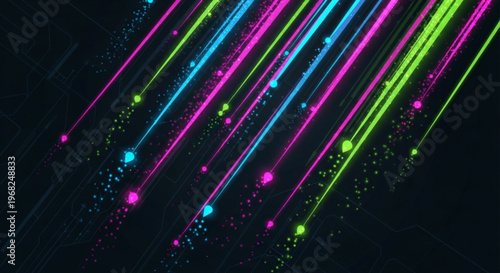 Vibrant neon light trails in pink blue and green on a dark background with sparkling particles