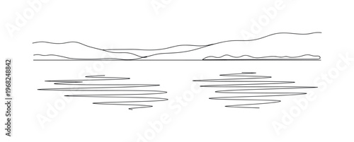 Calm Waters. Minimalistic one-line drawing lake with gentle ripples and distant hills, continuous single black line on white background, simple outline style,