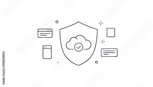 Cloud Computing Security Shield Icon with Checkmark and Data Elements.