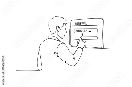Service Renewal. Minimalistic one-line drawing individual interacting with automatic renewal interface, continuous single black line on white background,