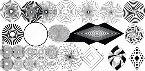 Abstract Geometric Spiral Circle Lines Set Optical Illusion Radial Pattern Vector Design Elements