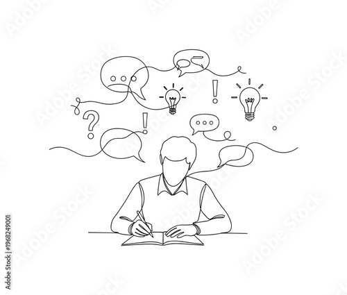 Narrative Techniques. Minimalistic one-line drawing person writing with floating speech bubbles and symbols, continuous single black line on white background,