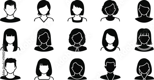 Diverse People Avatar Icon Set Flat Black Silhouette Collection