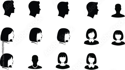 Diverse People Avatar Icon Set Flat Black Silhouette Collection
