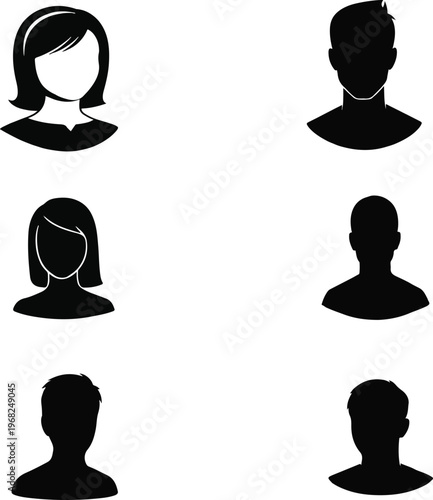 Diverse People Avatar Icon Set Flat Black Silhouette Collection