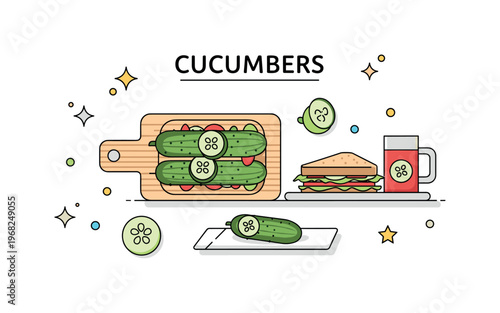 Cucumbers picnic preparation scene where fresh cucumbers are packed with sandwiches while small sparkle and star icons emphasize nutrition, freshness, and