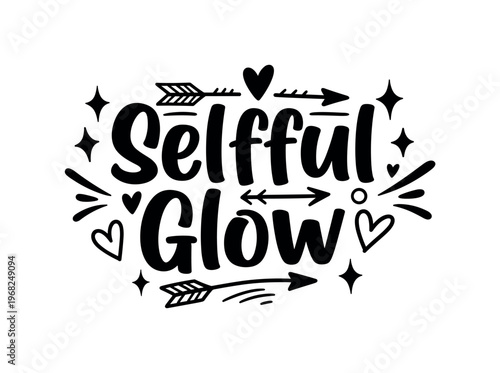 Selfful Glow. lettering and all elements in black. Vector style. AWhite background. Pure white background. Perfect isolation and visual consistency. Bold