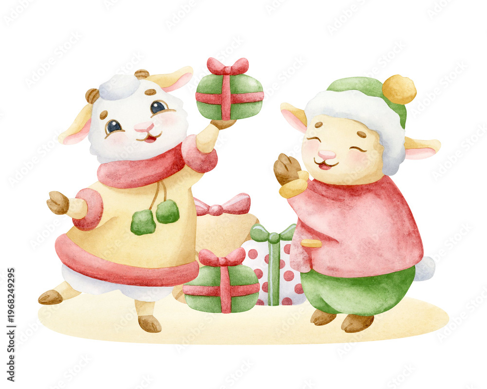 Obraz premium Happy watercolor baby lamb and goat enjoy their Christmas gifts isolated illustration. Cute cartoon animal characters in winter clothes for Happy New year greeting cards and holiday scenes