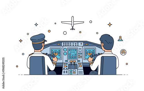 Air travel technology cockpit technology concept where pilots operate advanced digital flight controls while tiny sparkle and star icons highlight precision,