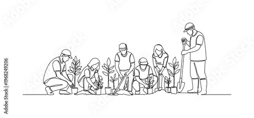 Outdoor Planting Event. Minimalistic one-line drawing volunteers planting multiple saplings together, continuous single black line on white background, simple