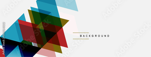 Abstract geometric shapes overlap, creating dynamic colorful composition. White space provides contrast, text reads background.