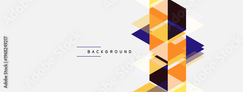 Abstract geometric shapes, orange, blue hues dominate. Minimalist design with text background centered. Clean, modern aesthetic.