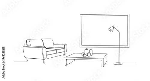 Serene Home Setup. Minimalistic one-line drawing minimal furniture and candles for peaceful environment, continuous single black line on white background,